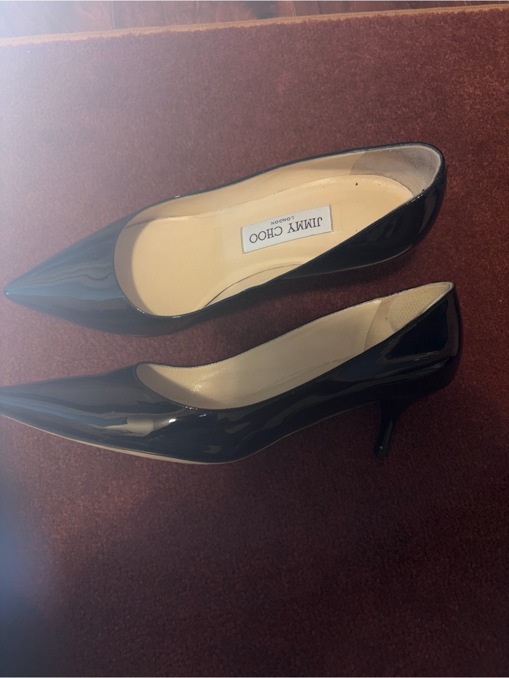 Jimmy Choo Black Patent Pointed-Toe Mid Kitten Heel Pumps